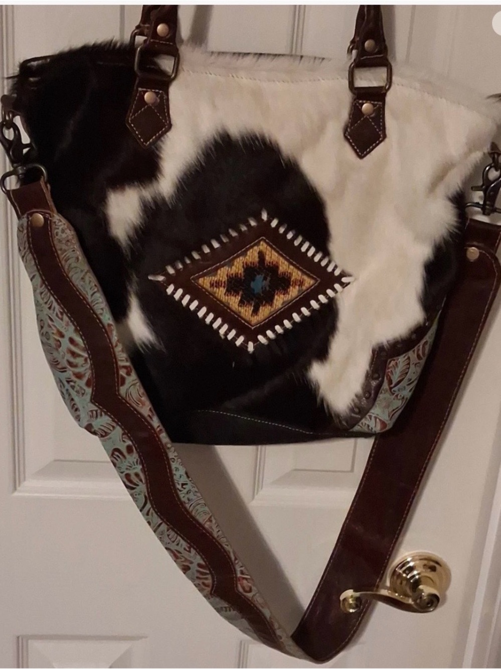 Myra Boho Cowhide Tote Bag with Embroidered Accent - Black & White